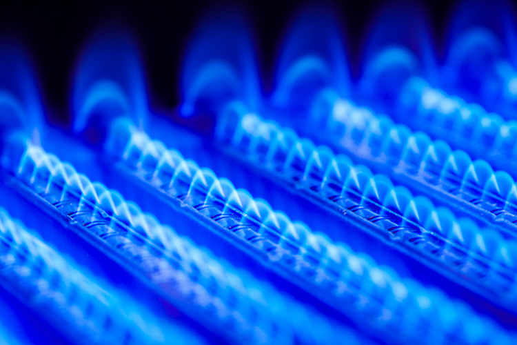 Fiamme di gas in un bruciatore con luce blu intensa