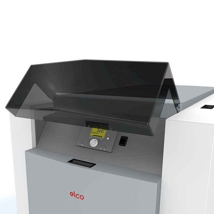 Pannello di comando TRIGON XL con display digitale e coperchio di protezione ruotabile, mostrata in primo piano quando è aperta