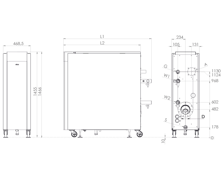 Disegno tecnico con dimensioni di TRIGON XL 150, 200 e 250
