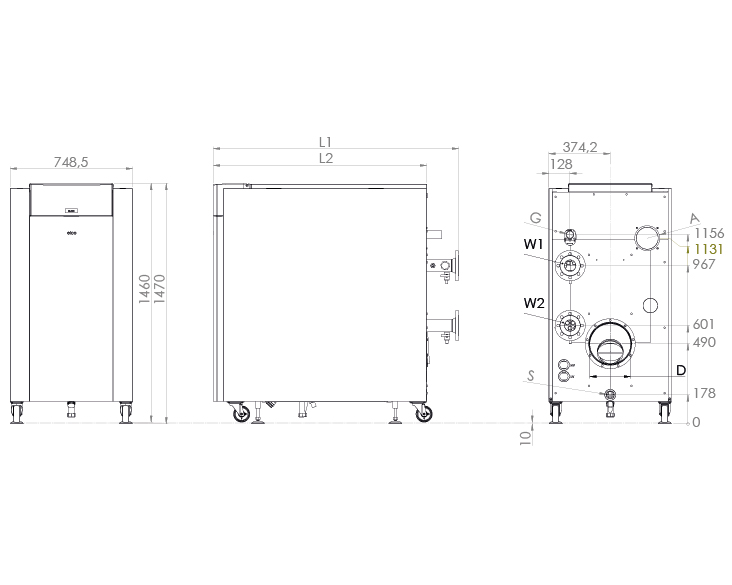 Disegno tecnico con dimensioni di TRIGON XL 300, 400, 500 e 570
