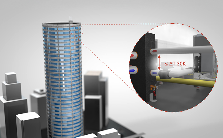 Illustrazione di un edificio alto con un'immagine dettagliata ingrandita del sistema di riscaldamento