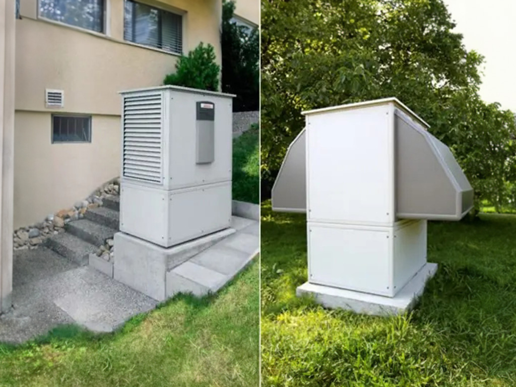 Due pompe di calore degli anni 2000 sono posizionate in un giardino e vengono confrontate tra loro