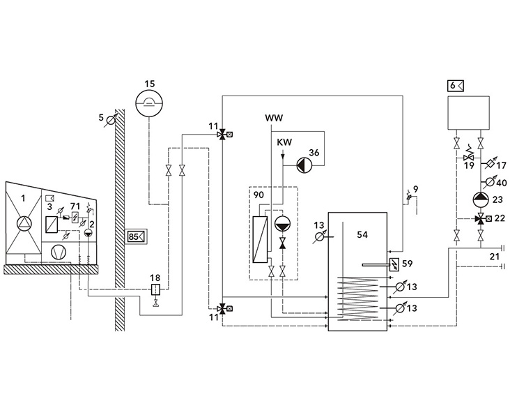 Schema tecnico impianto con un serbatoio di accumulo combinato