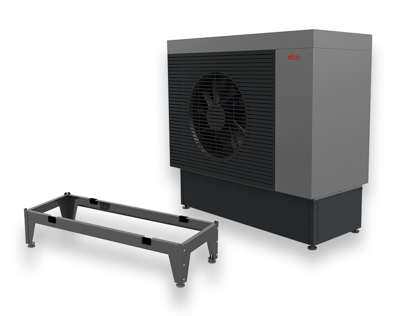 Immagine della pompa di calore affiancata all'accessorio telaio di supporto